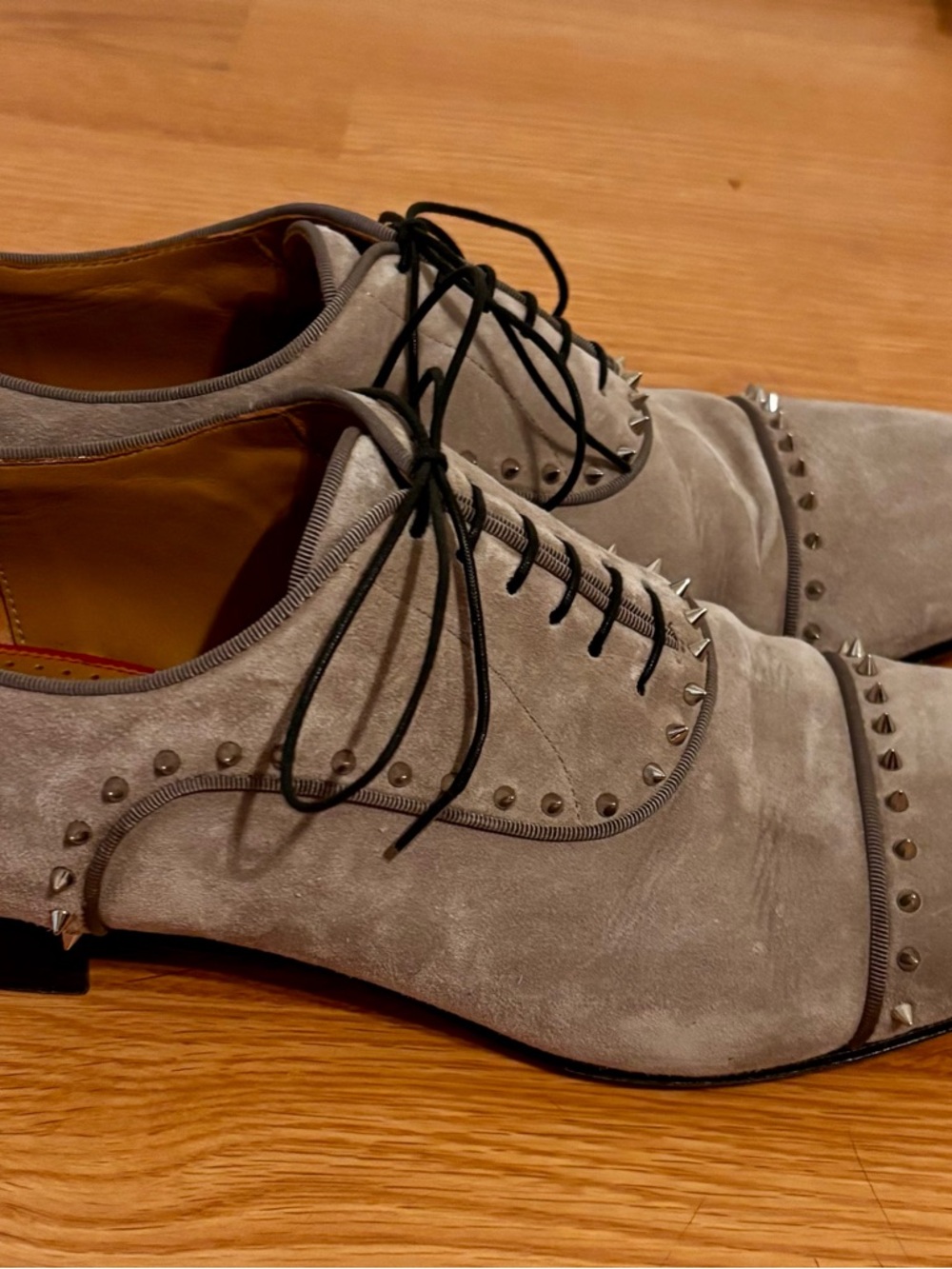 Christian Louboutin Gray Suede Studded Lace-Up Oxfords - Picture 4 of 10
